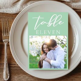 シックなミントグリーンホワイトスクリプトカップルの写真結婚の数 テーブルナンバー