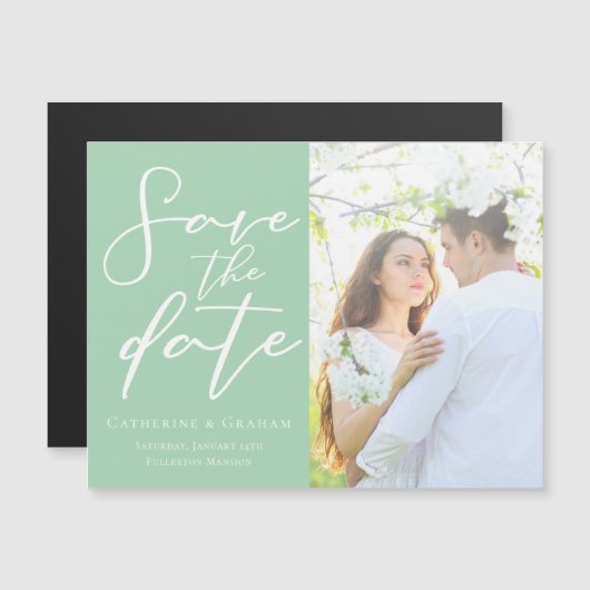 シックなミントグリーン写真日付のマグネットカードを保存 (正面/裏面)