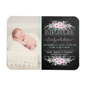 シックなミントグリーン&ピンクの花の誕生発表 マグネット (横)