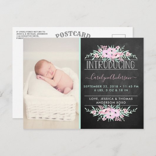 シックなミントグリーン&ピンクの花の誕生発表 案内ポストカード (正面/裏面)