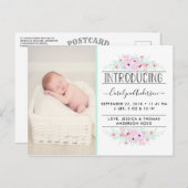 シックなミントグリーン&ピンクの花の誕生発表 案内ポストカード (正面/裏面)