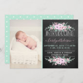 シックなミントグリーン&ピンクの花の誕生発表 案内状 (正面/裏面)
