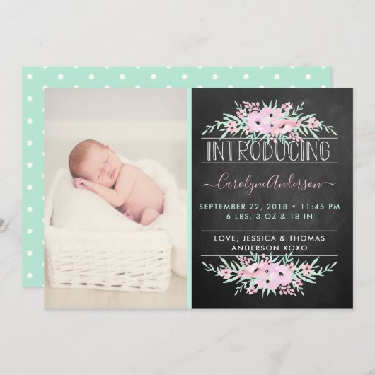 シックなミントグリーン&ピンクの花の誕生発表 案内状 (正面/裏面)