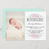 シックなミントグリーン&ピンクの花の誕生発表 案内状 (正面/裏面)