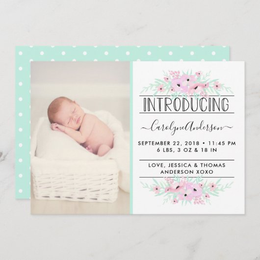 シックなミントグリーン&ピンクの花の誕生発表 案内状 (正面/裏面)