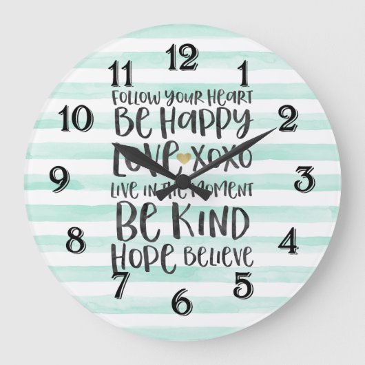シックなミントストライプ感動的ワード ラージ壁時計 (正面)
