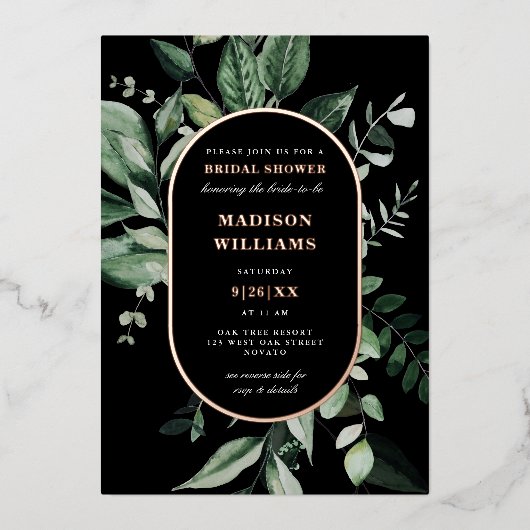 シックなムーディボタニカルフレームブライダルシャワー実在 箔招待状 (正面)