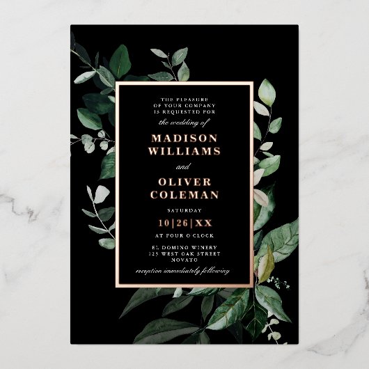 シックなムーディボタニカルフ結婚レーム実在ズ 箔招待状 (正面)