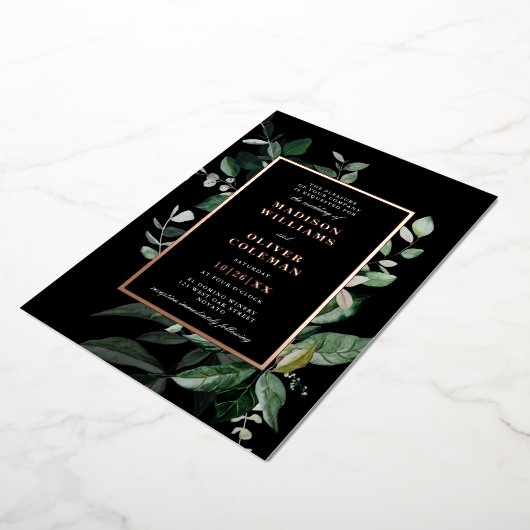シックなムーディボタニカルフ結婚レーム実在ズ 箔招待状 (回転した状態)