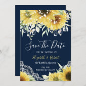 シックなメイソンジャー、レース、ひまわりネイビーブルー セーブザデート (正面/裏面)