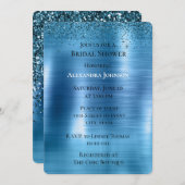 シックなメタリックアクアブルーグリッターブライダルシャワー 招待状 (正面/裏面)