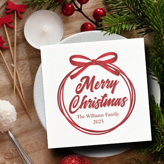 シックなメリークリスマススクリプトレッドリボンボウパーティー スタンダードカクテルナプキン