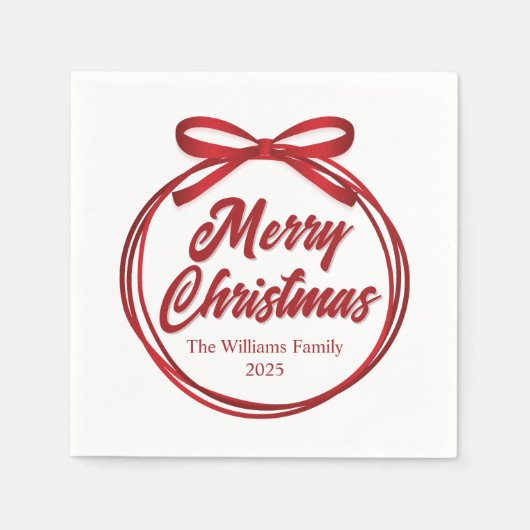 シックなメリークリスマススクリプトレッドリボンボウパーティー スタンダードカクテルナプキン (正面)