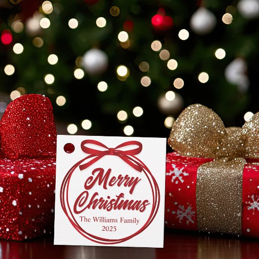 シックなメリークリスマススクリプトレッドリボンボウパーティー フェイバータグ