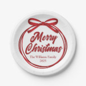 シックなメリークリスマススクリプトレッドリボンボウパーティー ペーパープレート (正面)