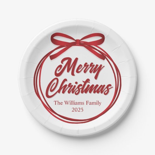 シックなメリークリスマススクリプトレッドリボンボウパーティー ペーパープレート (正面)