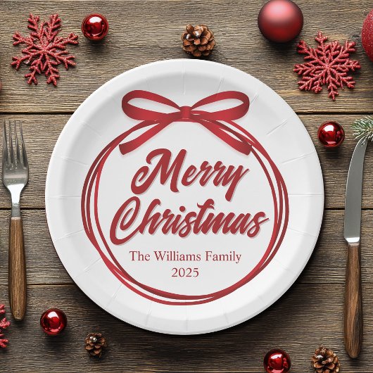 シックなメリークリスマススクリプトレッドリボンボウパーティー ペーパープレート