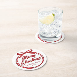 シックなメリークリスマススクリプトレッドリボンボウパーティー ラウンドペーパーコースター