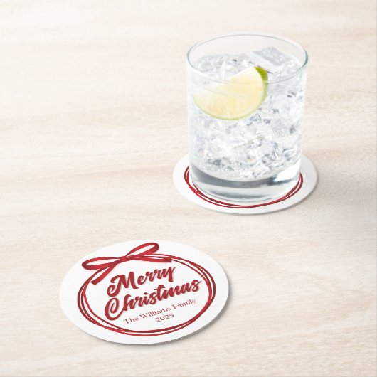 シックなメリークリスマススクリプトレッドリボンボウパーティー ラウンドペーパーコースター (インサイチュ)