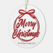 シックなメリークリスマススクリプトレッドリボンボウ セラミックオーナメント (左)