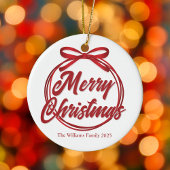 シックなメリークリスマススクリプトレッドリボンボウ セラミックオーナメント