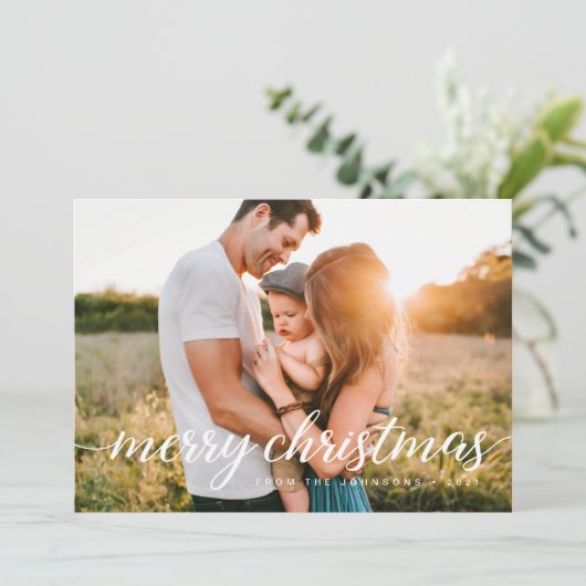 シックなメリークリスマスパーソナライズされた家族の写真 シーズンカード (スタンド正面)