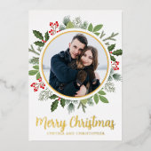 シックなメリークリスマスリース写真金ゴールド 箔シーズンカード (正面)