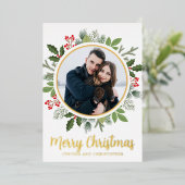 シックなメリークリスマスリース写真金ゴールド 箔シーズンカード (立ち正面)