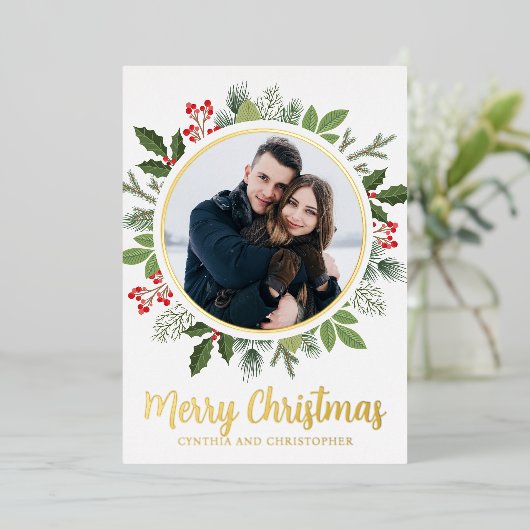 シックなメリークリスマスリース写真金ゴールド 箔シーズンカード (立ち正面)