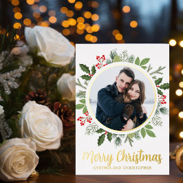 シックなメリークリスマスリース写真金ゴールド 箔シーズンカード