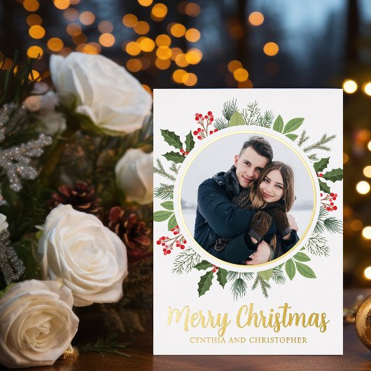シックなメリークリスマスリース写真金ゴールド 箔シーズンカード