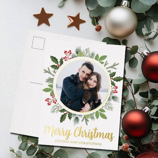 シックなメリークリスマスリース写真金ゴールド 箔シーズンポストカード