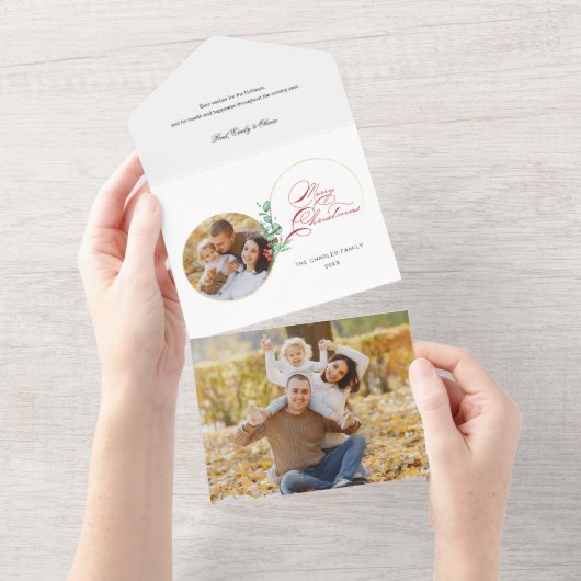 シックなメリークリスマス金ゴールド旋回フローラ写真 オールインワン招待状 (貼ってはがせる)