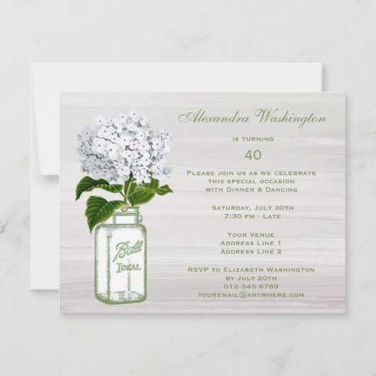 シックなメーソンジャー及び白いアジサイの誕生会 招待状 (裏面)