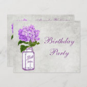 シックなメーソンジャー及び紫色のアジサイの誕生会 招待状 (正面/裏面)