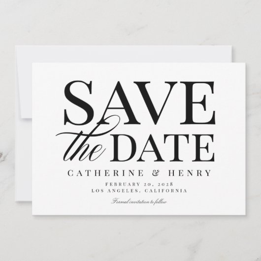 シックなモダンはっきりした白黒ウェディング日付を保存 招待状 (正面)