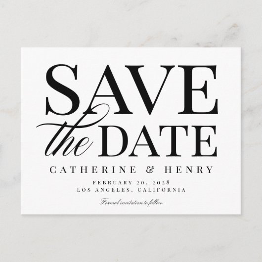 シックなモダンはっきりした白黒ウェディング日付を保存 案内ポストカード (正面)