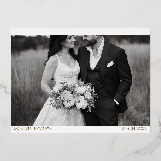 シックなモダンサンキューカードと横向き写真 箔シーズンポストカード (正面)