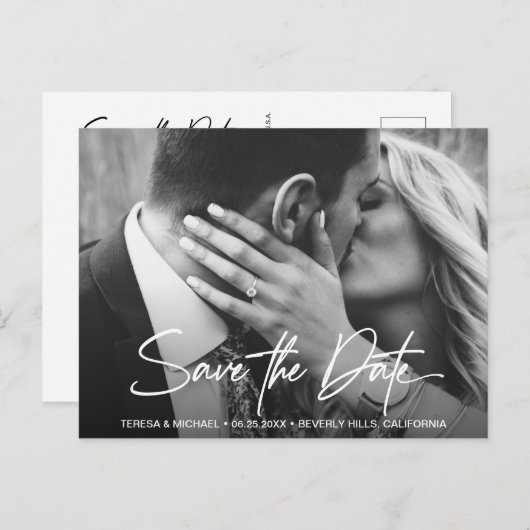 シックなモダンスクリプトウェディング日付の写真を保存 ポストカード (正面/裏面)