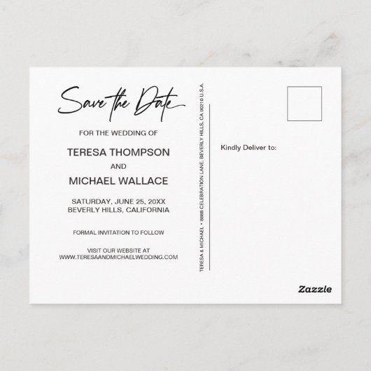 シックなモダンスクリプトウェディング日付の写真を保存 ポストカード (裏面)