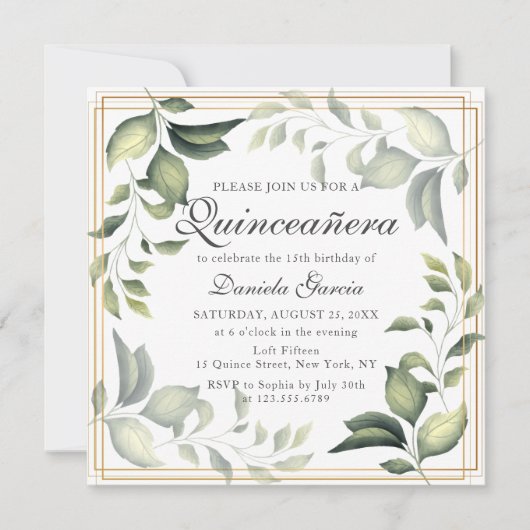 シックなモダンフローラグリーンリーボタニカルクイセアネラ 招待状 (正面)
