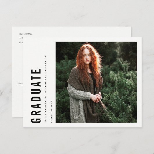シックなモダンミニマルはっきりしたカスタム写真卒業 案内ポストカード (正面/裏面)