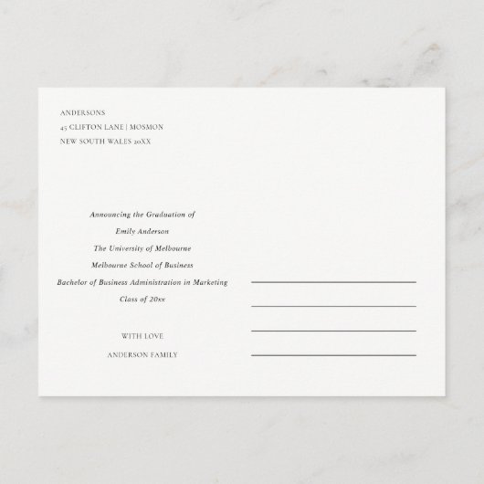 シックなモダンミニマルはっきりしたカスタム写真卒業 案内ポストカード (裏面)