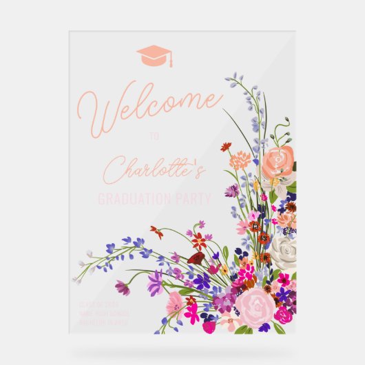 シックなモダンワイルドフラワースクリプトへようこそ卒業 アクリルサイン (正面)