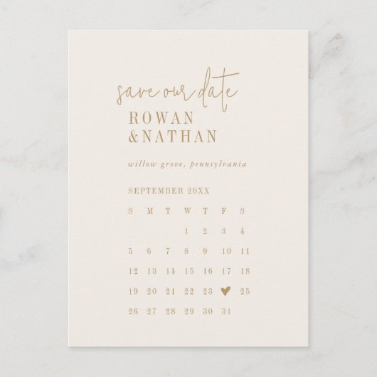 シックなモダンヴィンテージ金ゴールドカレンダー日付の保存 インビテーションポストカード (正面)