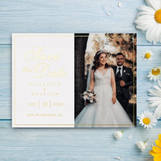 シックなモダン写真ウェディング日付を保存 箔招待状ポストカード