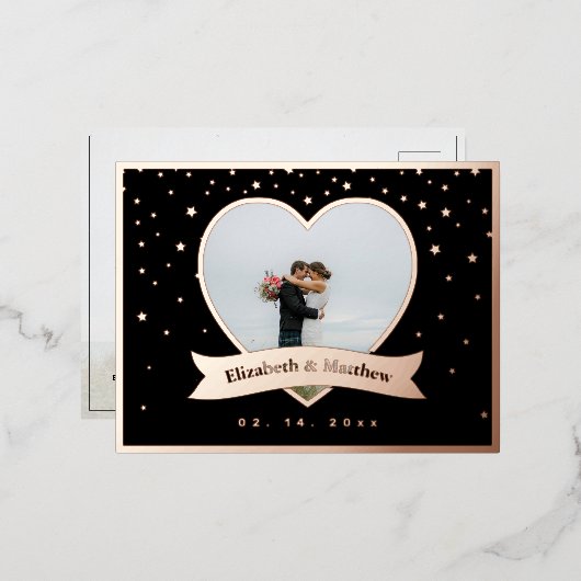 シックなモダン写真エレガントウェディングの日付を保存 箔招待状ポストカード (正面/裏面)