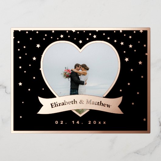シックなモダン写真エレガントウェディングの日付を保存 箔招待状ポストカード (正面)