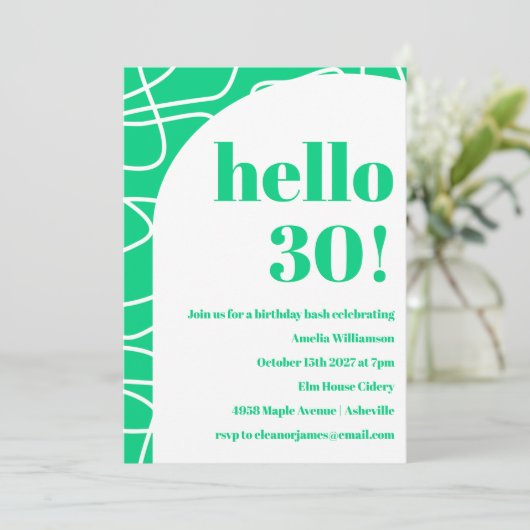 シックなモダン抽象芸術ラインアートグリーンバースデーパーティー 招待状 (スタンド正面)