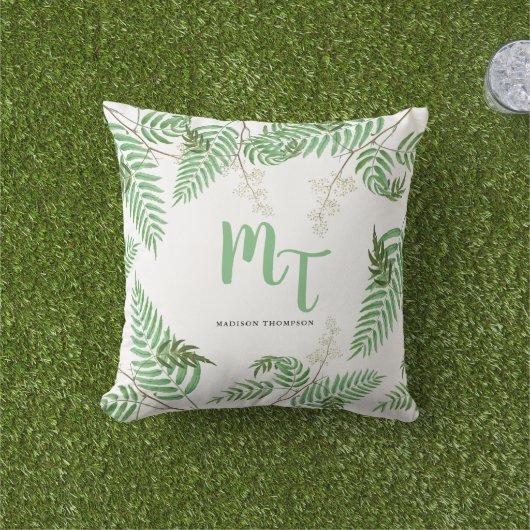 シックなモダン水彩緑のスクリプトモノグラム アウトドアクッション (芝生)